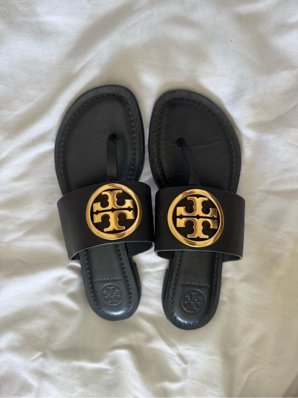 Tory Burch Black Leather Sandals with Gold Logo Discs